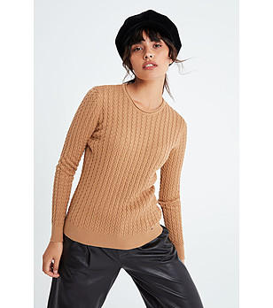 Дамски пуловер в цвят камел Маrina с памук снимка
