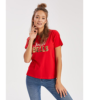 Червена дамска памучна тениска с пайети Jingle Bells снимка