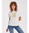 Бяла дамска памучна тениска със златист надпис Holly Jolly-0 снимка