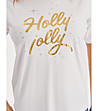 Бяла дамска памучна тениска със златист надпис Holly Jolly-3 снимка