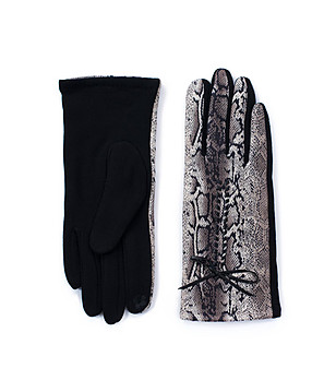Дамски черни ръкавици със змийски принт в бежово Lona снимка