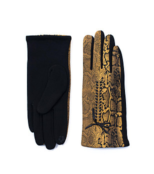 Дамски черни ръкавици със змийски принт в цвят горчица Lona снимка