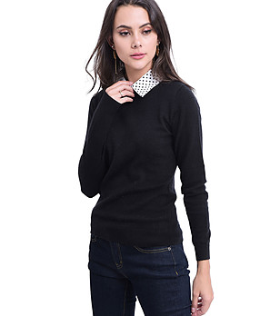 Черен дамски пуловер с бяла яка Lenora снимка