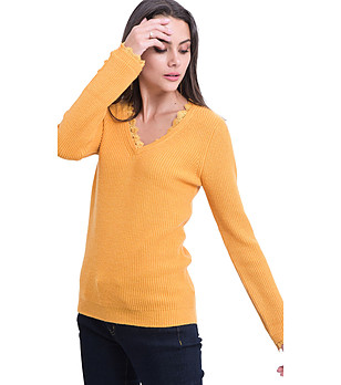 Дамски пуловер с кашмир цвят горчица Magnat снимка