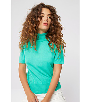 Дамска блуза от памук и кашмир в цвят тюркоаз Alene снимка