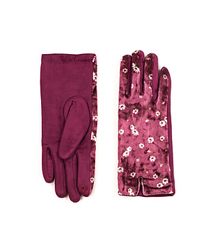 Дамски ръкавици в бордо с флорален принт снимка