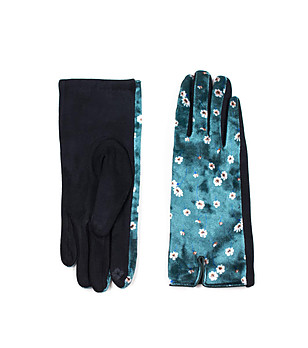 Дамски ръкавици в синьо-зелен нюанс с флорален принт снимка