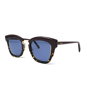 Дамски слънчеви очила в тъмно бордо с елементи на хавана със сини лещи снимка