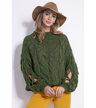 Зелен дамски пуловер с ефектни ръкави Dorea снимка