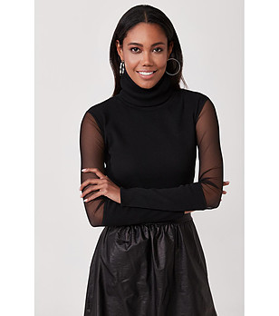 Черна памучна дамска блуза с ръкави от тюл Dominika снимка