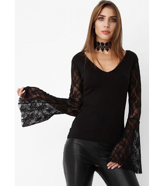 Черна дамска блуза с дантелени ръкави Tilina снимка