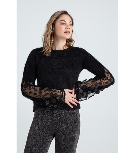 Черен дамски пуловер с прозрачни ръкави Charlote снимка