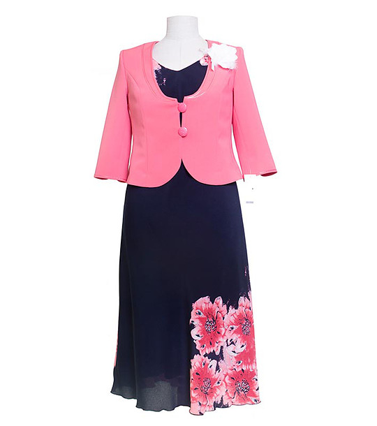 Дамски комплект от рокля и сако в тъмносиньо и цвят корал Brigittte снимка