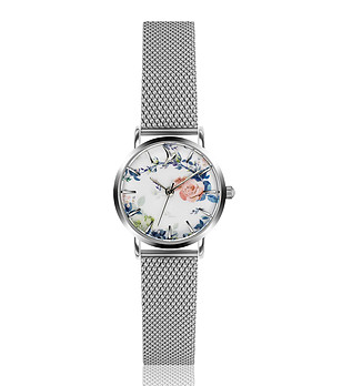 Сребрист дамски часовник с флорални мотиви при циферблата Romantic  снимка