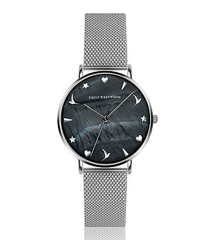 Сребрист дамски часовник с черен циферблат със седефен ефект Seashell снимка