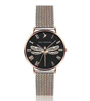 Дамски розовозлатист часовник с черен циферблат Dragonfly снимка