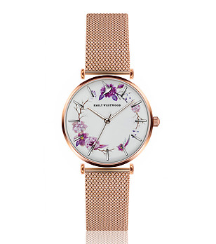 Розовозлатист дамски часовник с принт при циферблата Flower снимка