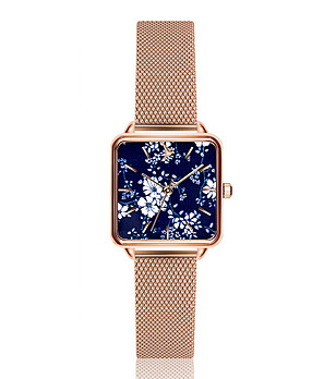 Розовозлатист дамски часовник със син циферблат с принт Blossom  снимка