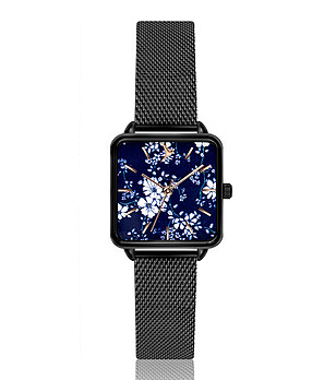 Черен дамски часовник със син циферблат с принт Blossom снимка