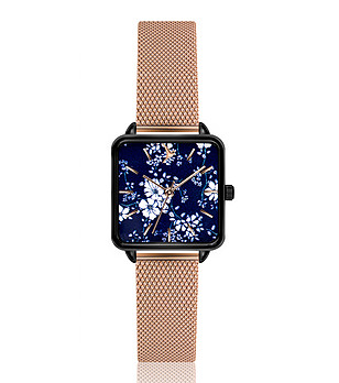 Часовник в черно и розовозлатисто със син циферблат с принт Blossom  снимка
