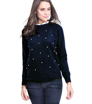 Тъмносин дамски пуловер с декорация Jelly снимка