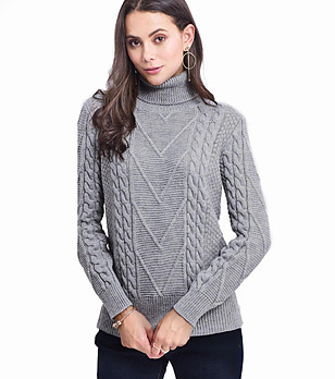 Сив дамски пуловер с плетеници Biana снимка