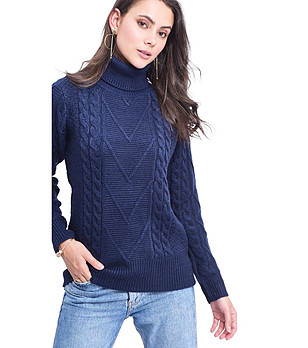 Тъмносин дамски пуловер с плетеници Biana снимка
