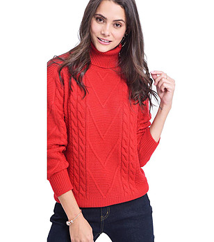 Червен дамски пуловер с плетеници Biana снимка