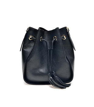 Черна дамска кожена чанта с пискюли Timea снимка
