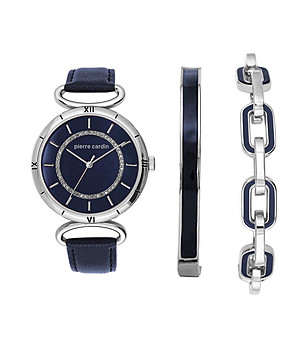 Дамски комплект от часовник и две гривни в сребристо и тъмносиньо снимка