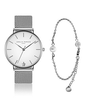 Комплект от часовник и гривна в сребристо и бяло Pure снимка