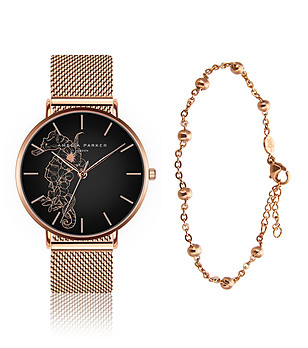 Дамски комплект от часовник и гривна в розовозлатисто и черно Fossil снимка