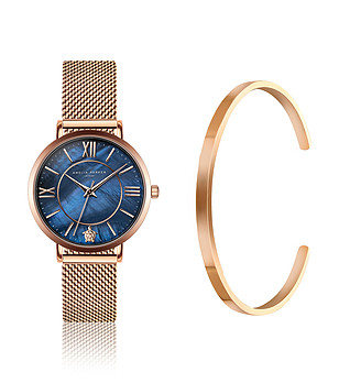 Комплект от часовник и гривна в златисто и синьо Petite снимка