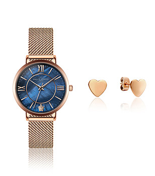 Комплект от часовник и обеци в розовозлатисто и синьо Petite снимка