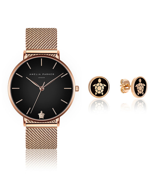 Дамски комплект от часовник и обеци в розовозлатисто и черно Midnight Moon снимка