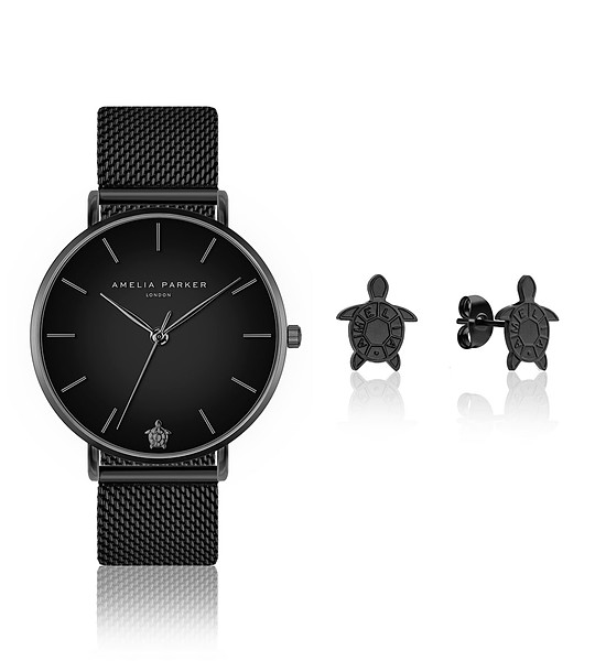 Дамски комплект от часовник и обеци в черно Jet снимка