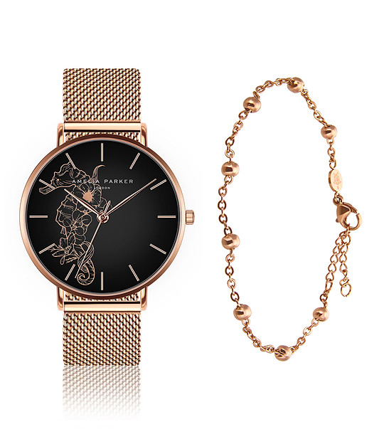 Дамски комплект от часовник и гривна в розовозлатисто и черно Fossil снимка