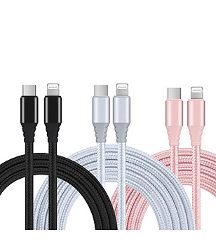 Комплект от 3 ултрабързи кабела с USB C и lightning изходи в черно розово и сребристо снимка