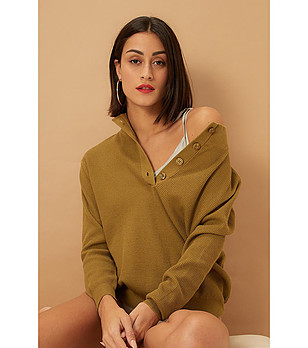 Дамски пуловер в цвят каки от памук и мерино Kinara снимка