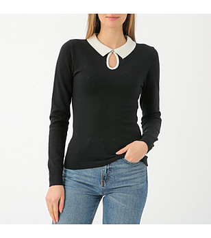 Черен дамски пуловер с бяла яка Caris снимка
