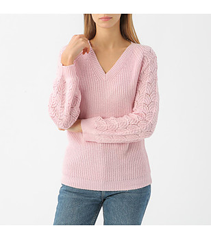 Дамски розов пуловер с ажурени ръкави Martrena снимка