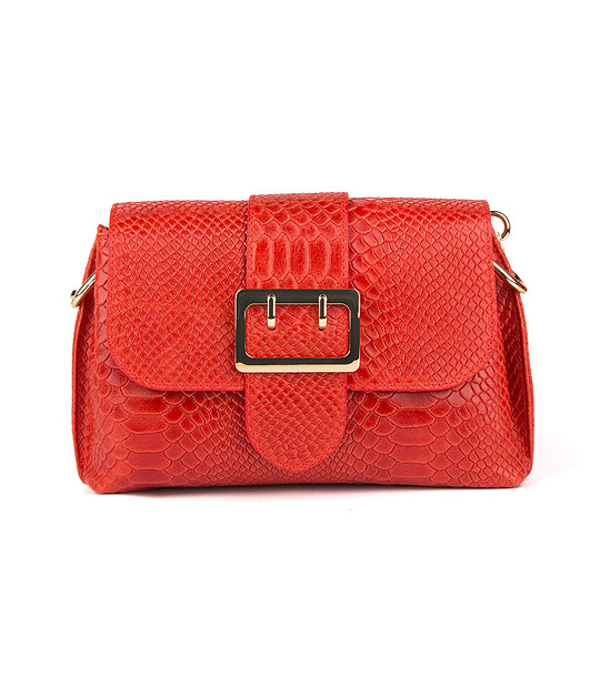Червена дамска кожена чанта с релеф Ilona снимка