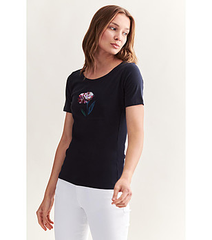 Тъмносиня дамска памучна тениска с пайети Lotmia снимка