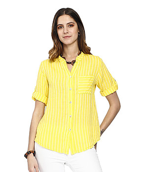 Жълта ленена дамска риза на бяло райе Karra снимка