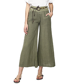 Зелен дамски ленен панталон с колан Bretta снимка