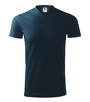 Unisex памучна тениска с V-образно деколте в тъмносиньо Heavy снимка