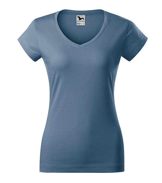 Памучна дамска тениска в син деним Louisa с V-образно деколте снимка