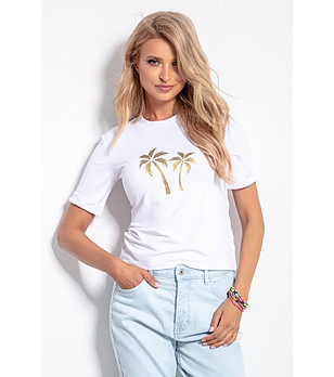 Дамска бяла тениска със златиста щампа Olena снимка