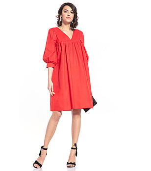 Червена памучна рокля с буфан ръкави Roxette снимка