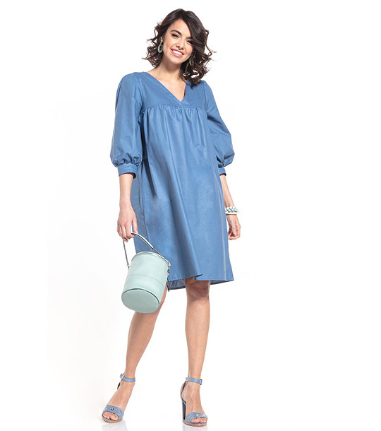 Синя памучна рокля със 7/8 ръкави Roxette снимка